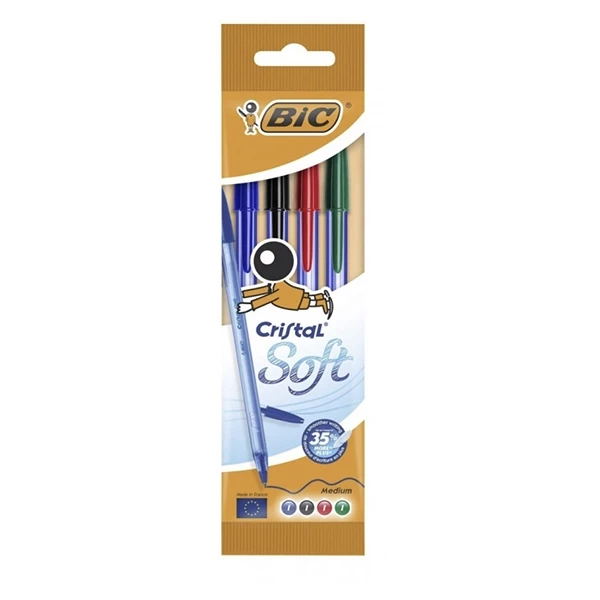 Pochette de 4 stylos bic cristal soft couleurs assorties - 