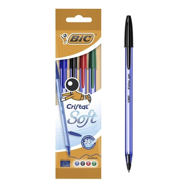 Pochette de 4 stylos bic cristal soft couleurs assorties - 
